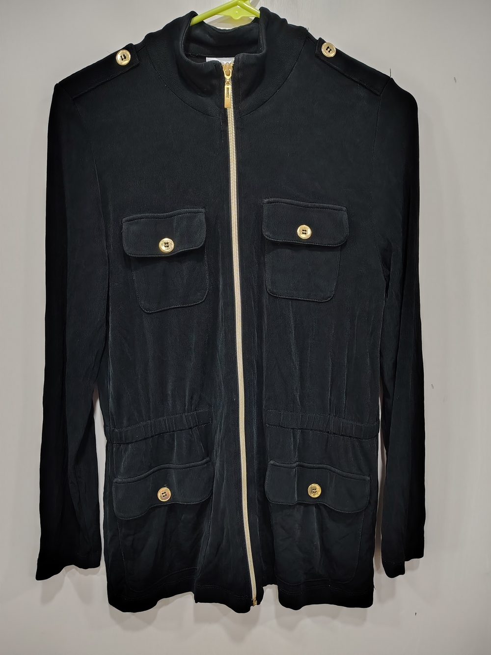 Chico's Black Military-Style Zip Jacket with Gold Buttons